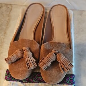 Tory Burch Tan Suede Mules with Tassels